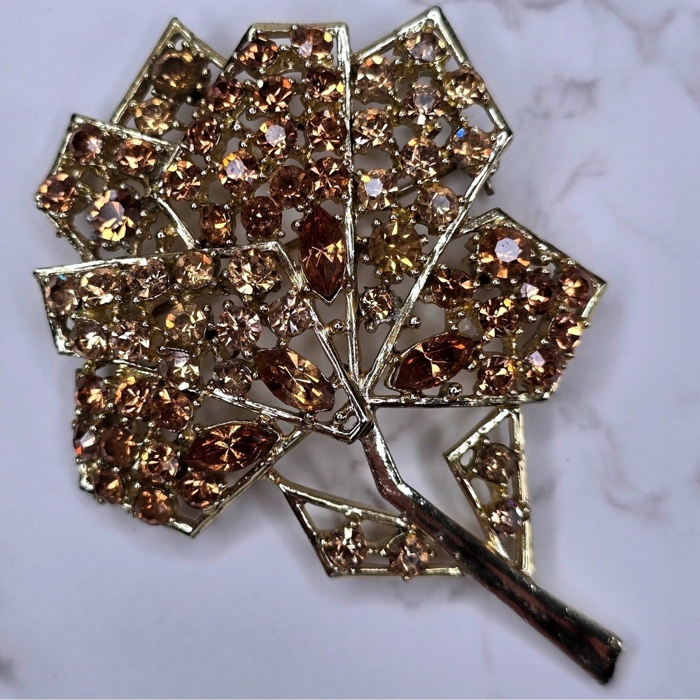 Weiss Vintage Fall Amber Topaz Rhinestone Leaf Tree Brooch Pin Signed MCM